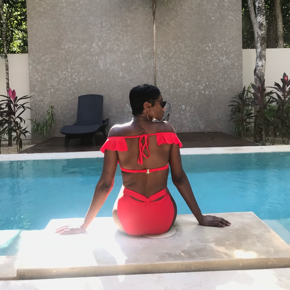 Red high waisted two piece swim suit